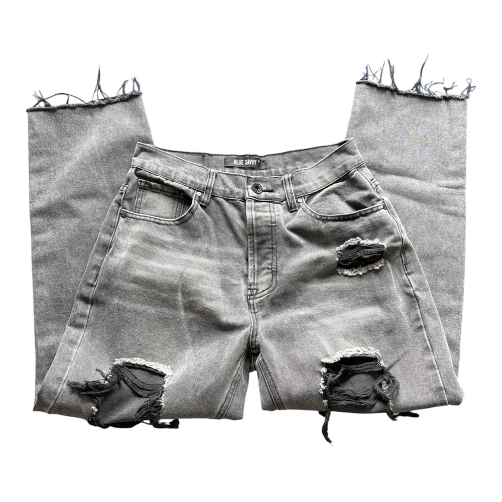 Blue Savvy Denim Distressed Grey/Black Straight Leg Jeans